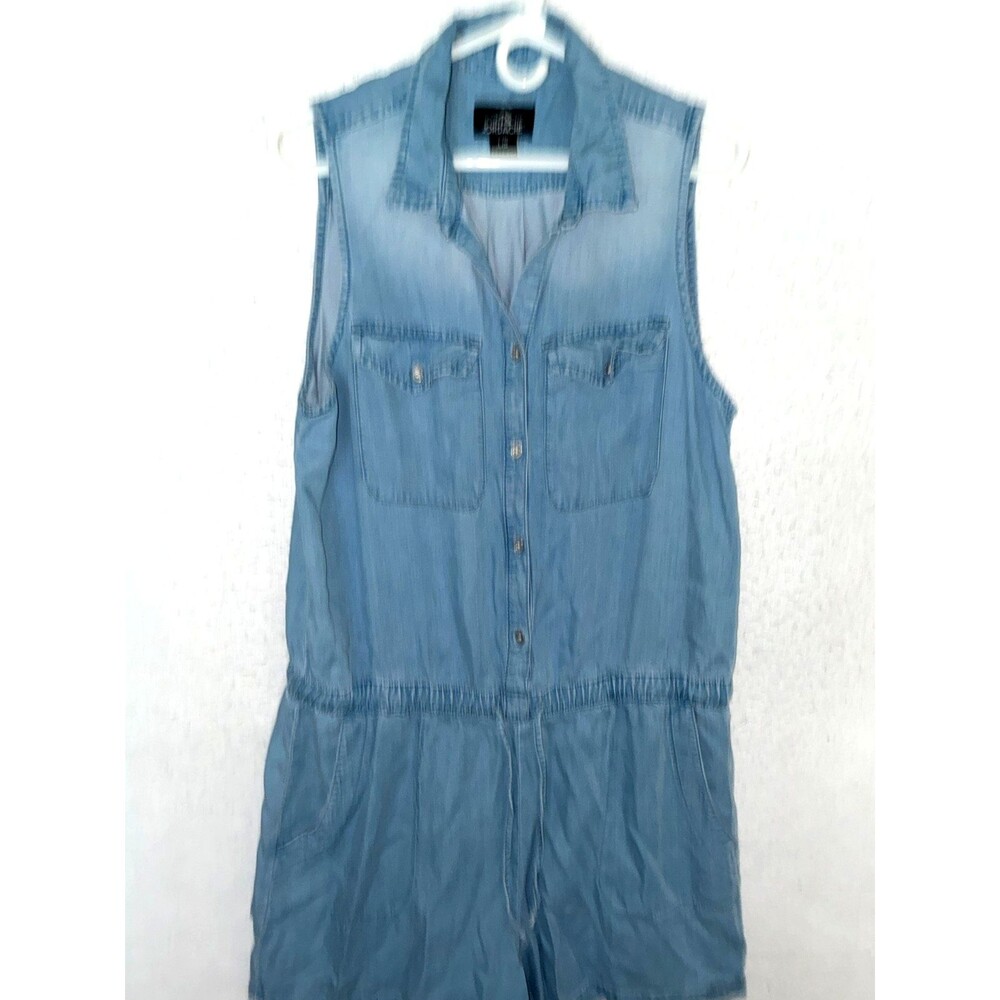 Jordache Jumper Jumpsuit Romper L Button Up Chambray Blue Denim Sleeveless Y2K